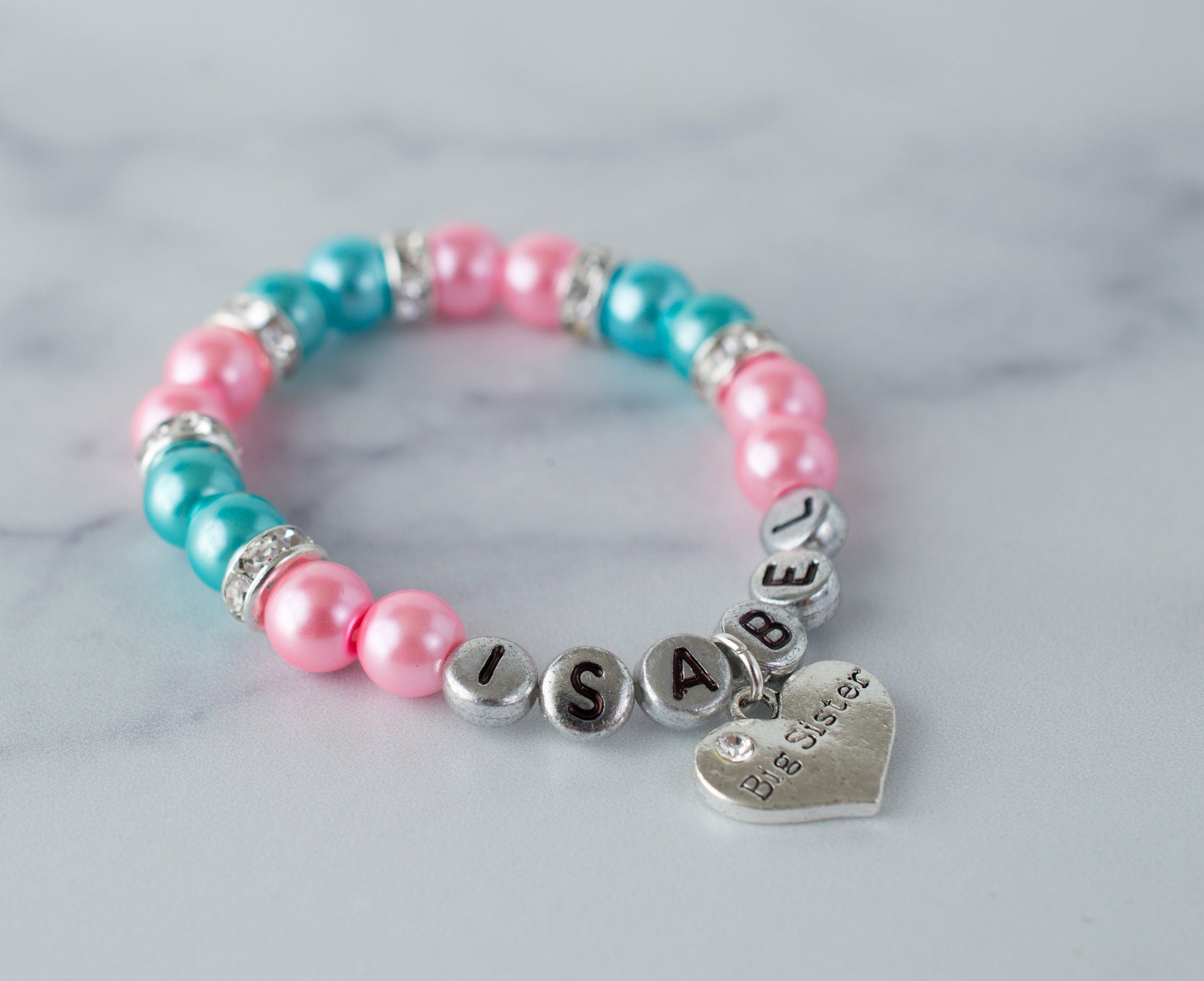 Big Sister Rose Pink & Turquoise Pearl Bracelet | Custom Big Sister Jewelry | Personalized Jewelry