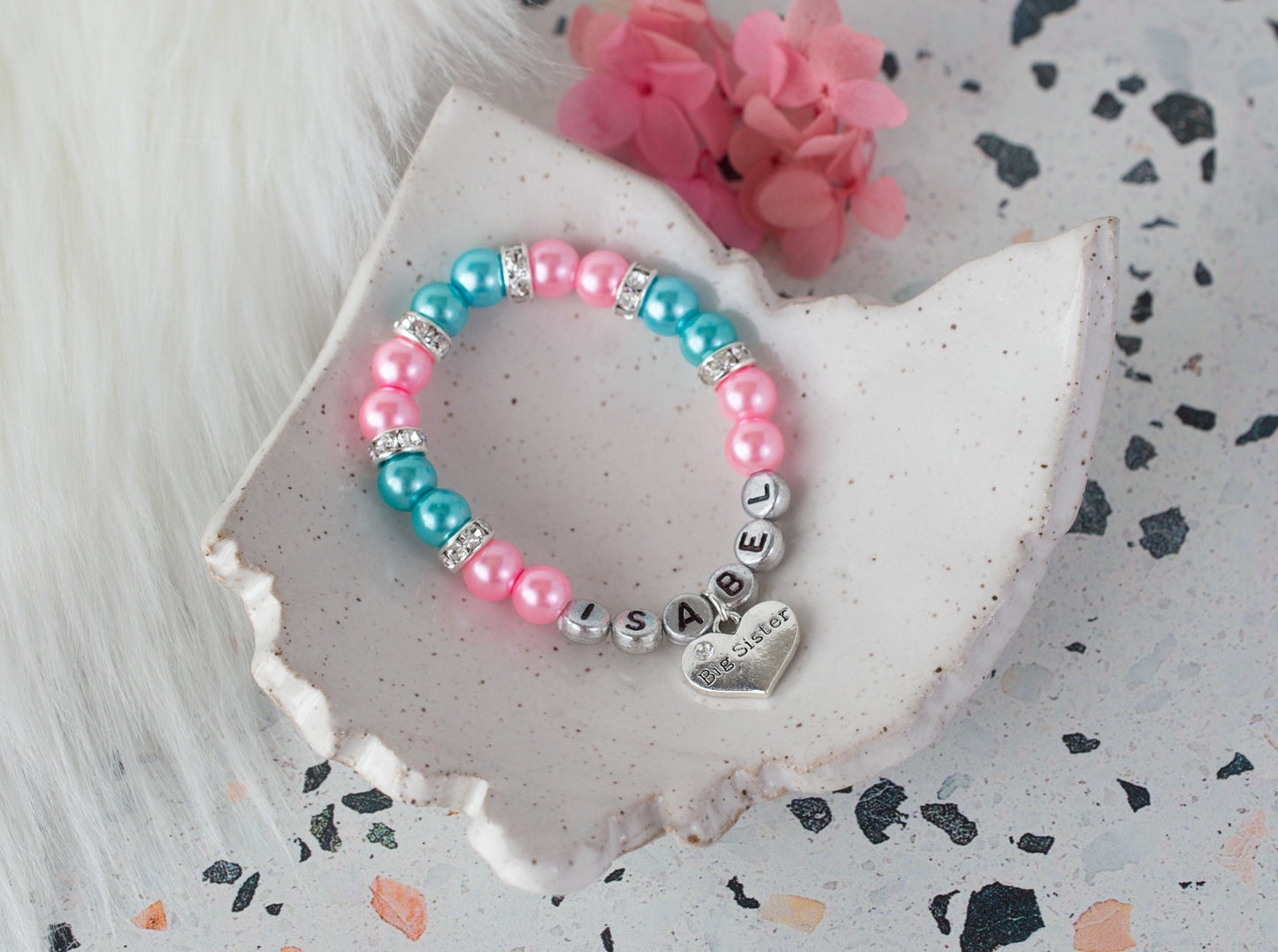 Big Sister Rose Pink & Turquoise Pearl Bracelet | Custom Big Sister Jewelry | Personalized Jewelry
