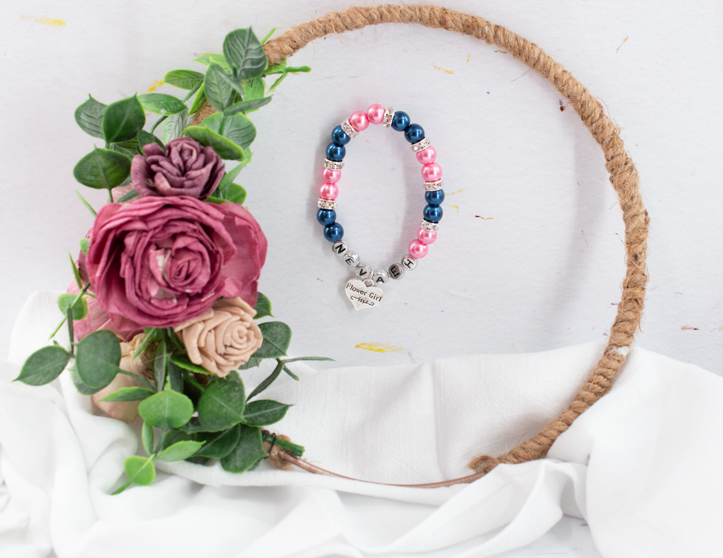 Name Flower Girl Rhinestone Bracelet | Coral + Navy