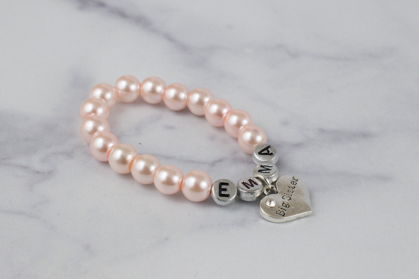 Name Big Sister Pale Pink Pearl Bracelet, Personalized Big Sister Gift, Stretchy Toddler Bracelet, Baby Shower Gift for Big Sister