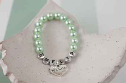 Mint Big Sister Personalized Bracelet | Big Sister Gift | Pearl Bracelet | Name Bracelet | Big Sister Announcement | Charm Bracelet