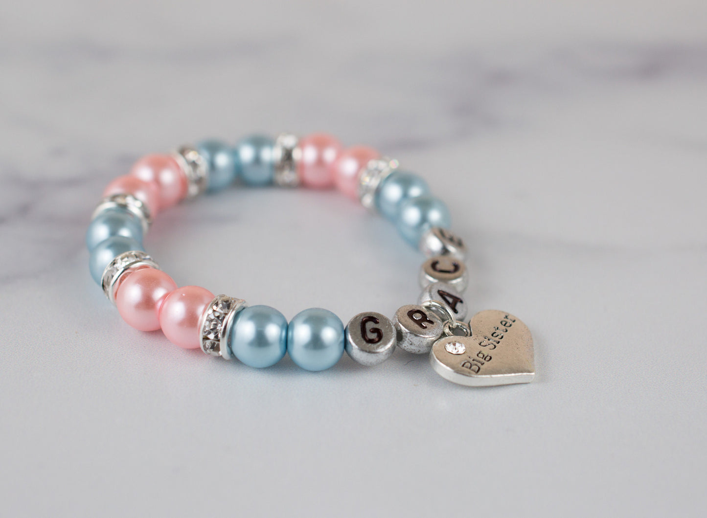 Big Sister Bracelet | Brisk Blue + Pink | Personalized Bracelet | Pearl Bracelet | Sister Jewelry | New Big Sister | Gift for Big Sister