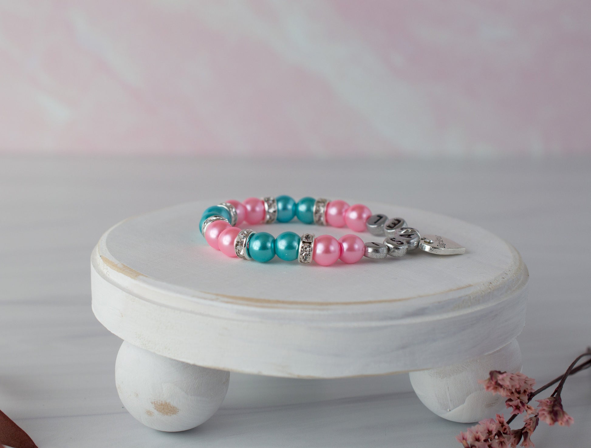 Big Sister Rose Pink & Turquoise Pearl Bracelet | Custom Big Sister Jewelry | Personalized Jewelry